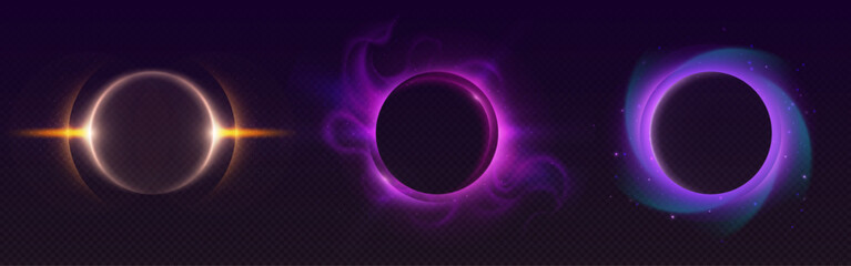 Poster - Cosmic neon halo circles with glowing edges - golden ring, purple energy sphere and pink plasma circle on dark space background. Futuristic light effects for sci-fi game interfaces or digital art.