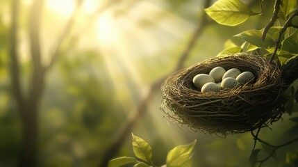 Wall Mural - birds nest filled with eggs in a sunlit forest.