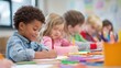 © Aranya - Diverse kindergarten kids drawing and coloring at small tables, focused and