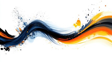 Fototapete - Abstract wavy lines in blue, black, and orange with paint splatters on white background.