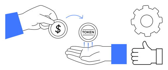 Poster - Hand exchanging dollar coin for token, arrow indicating transfer process, gear, and thumbs-up icon. Ideal for cryptocurrency, digital economy, transaction, fintech, trade e-commerce simple landing