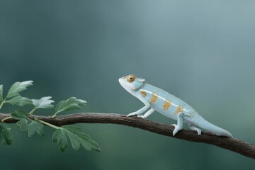 Poster - close-up of chameleon clinging to branch with vivid color patterns forest background blurred