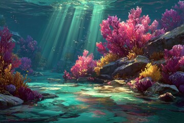 Poster - underwater coral field with shafts of light and colorful aquatic plants