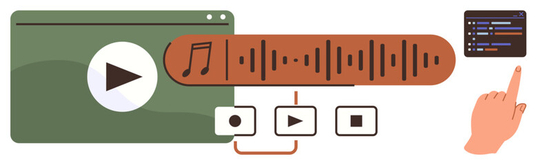 Poster - Media player window, audio waveform, playback buttons, and hand interacting with playlist. Ideal for music streaming, audio editing, UI design, multimedia controls, playlists user experience simple