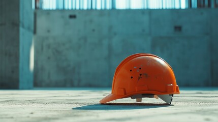 Wall Mural - Orange hard hat sits on a concrete floor in an unfinished building.
