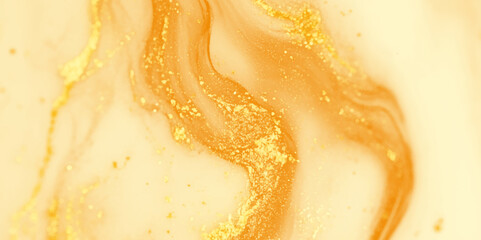 Poster - Horizontal soft orange marble texture background, soft and polished yellow marble ink, Swirling yellow and orange marble pattern with golden trim.