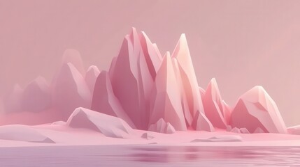 Poster - Pink polygonal mountainscape by water.