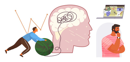 Poster - Man rolls green yarn outside tangled brain sketch, laptop shows data analysis, and a thoughtful man represents decision-making. Ideal for mental health, productivity, organization, brainstorming