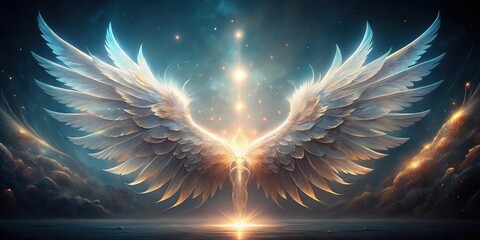 Wall Mural - Celestial Wings A Serene Fantasy Landscape of Light and Shadow, Embracing a Divine Being with Glowing Feathers