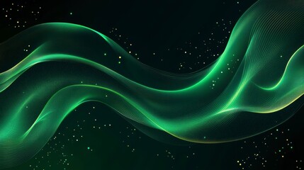 Fototapete - Abstract green wave with gold glitter on black background.