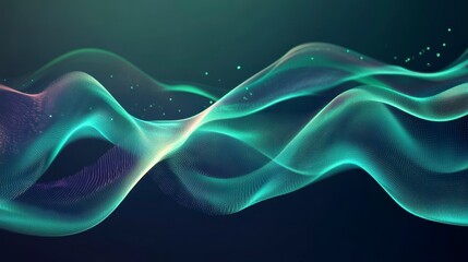 Fototapete - Abstract teal and purple wave design with glowing particles on a dark background.
