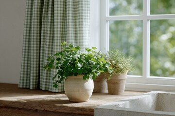 Poster - rustic kitchen window with checkered curtain and herb pots