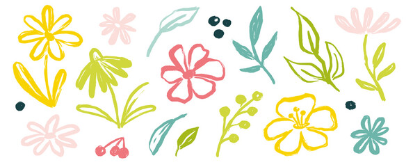 Aufkleber - Flower brush hand drawn paint set. Hand drawn floral leaf elements with brush stroke in black ink and sketch texture. Wild botanical art for spring nature color design. Vector illustration