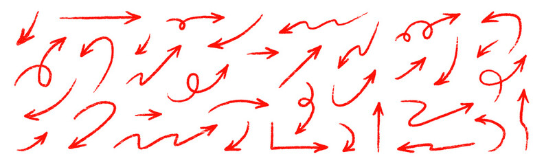 Leinwandbilder - Arrow red hand handwritten sketch vector. Hand drawn pencil marker doodle arrow set brush line, curved direction pen style. Big thick rough artistic stroke for red clipart. Vector illustration