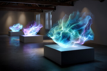 Poster - Colorful light sculptures displayed in an art gallery with minimalistic design