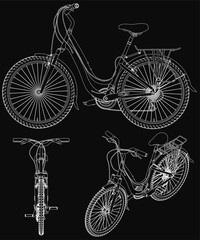Poster - Three detailed black and white bicycles with unique designs stand out against a stark black background. The clean white outlines highlight the intricate frames and wheels, creating a striking.