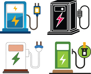Fototapete - Clean illustration of an electric vehicle charging station icon set with power plug attached.