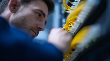 Aufkleber - Network engineer working with fiber optic cables in server room, focused and professional atmosphere