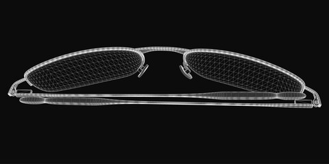 Poster - Wireframe 3D glasses model with a sleek, realistic design, featuring thin frames and transparent lenses, isolated on a dark background. The detailed mesh structure highlights the modern aesthetic