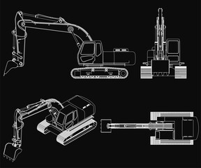 Poster - Detailed blueprint of an excavator on a black background highlights the machine's structure, including the boom, bucket, cab, and tracks. Technical illustration emphasizes precision and engineering.