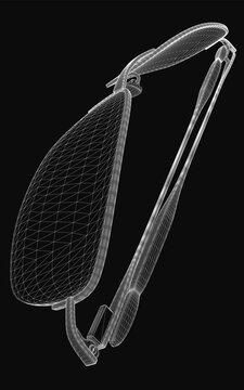 Wireframe 3D glasses model with a sleek, realistic design, featuring thin frames and clear lenses, isolated on a black background. The detailed mesh structure highlights the modern aesthetic