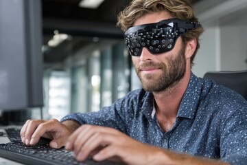 Poster - Man using high-tech goggles while working at a modern office desk in daylight