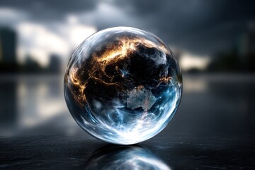Poster - Glowing earth crystal ball illuminates city skyline before a stormy sky