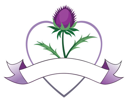 Scottish thistle emblem within a heart shape with a blank floral ribbon for text or logo.