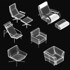 Fototapete - A set of stylish armchairs and ottomans arranged symmetrically on a black background, each with a unique modern design. The chairs feature a gradient of light to dark colors, creating a sophisticated.