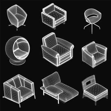 A set of stylish 3D-modeled armchairs and sofas arranged symmetrically on a sleek black background. Each chair features a unique design with varying shapes and a gradient of light to dark colors