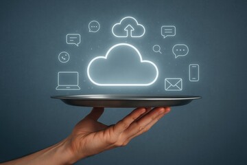 Fototapete - Cloud Computing Service on a Platter: An artistic representation of cloud computing, where a hand delicately presents a platter holding luminous icons of data transfer and digital communication.