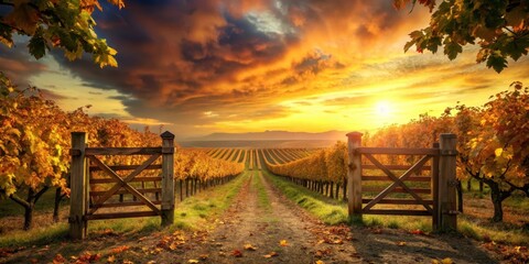 Wall Mural - Golden Hour Serenity A Picturesque Autumn Vineyard Pathway Beckons Through Open Wooden Gates at Sunset