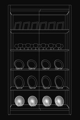 Poster - Black and white drawing of a bookcase with neatly arranged plates and glasses on the shelves. The dark background highlights the shop window display, creating a striking contrast.