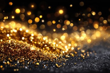 Poster - Sparkling golden dust creates a mesmerizing effect on a dark surface at night