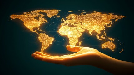 Fototapete - Glowing world map in hand, symbolizing global connection and network.