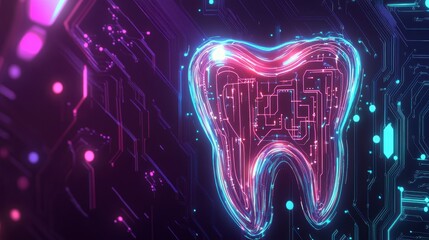 Fototapete - Glowing digital tooth on circuit board, futuristic dental technology concept.