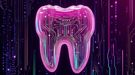 Fototapete - Futuristic pink tooth with integrated circuit board design.