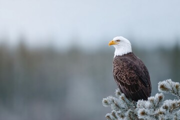 Poster - portrait of bald eagle perched atop snowy pine branch beak and feathers under cold light