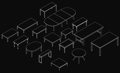 Poster - A line drawing of various tables arranged in a circular formation on a black background, featuring different shapes and sizes with precise thin lines. The minimalist design creates a modern and clean.