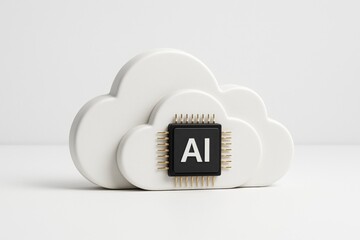 Fototapete - AI Cloud Computing: A minimalist conceptual image, depicting a 3D-rendered cloud symbol with an embedded AI microchip. It symbolizes data storage.
