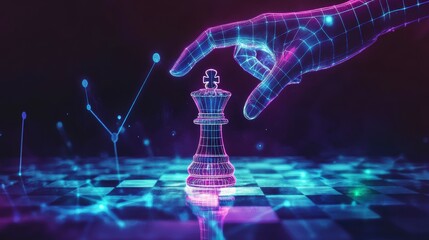 Poster - A digital hand moves a king chess piece on a glowing board.