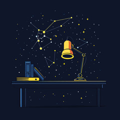Poster - Minimalist desk lamp with books on table under starry sky and constellation background flat vector illustration for business and science concepts with night theme