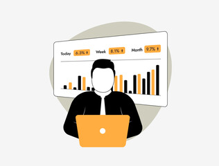 Poster - Data analytics dashboard with businessman reviewing performance report and KPI growth trends. Business intelligence and digital growth tracking for data analytics visualization vector illustration