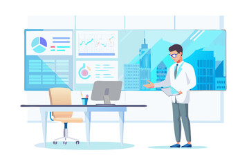 Poster - Scientist presenting data analysis in modern office with city view and digital screens