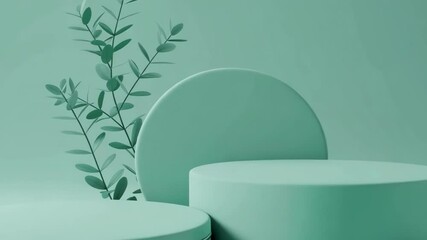 Poster - A minimalist teal podium is displayed with a plant against a matching teal background