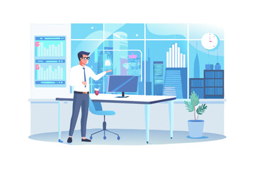 Poster - Businessman interacting with futuristic holographic display in modern office overlooking city skyline