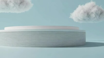 Poster - A white round podium is showcased under fluffy white clouds against a soft blue background