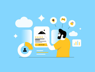Fototapete - Personalized product recommendations. E-commerce platforms improve shopping experience using user behavior tracking. Personalized product recommendations increase marketplace sales illustration