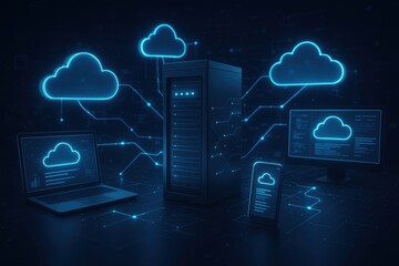 Fototapete - Cloud Computing in Network: a detailed visual representation of cloud computing, illustrating seamless connectivity across digital devices. Illustrating network data storage 