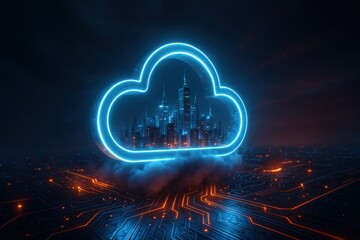 Fototapete - Cloud Cityscape: A glowing neon cloud hovers above a futuristic cityscape, symbolizing cloud computing and modern technology in a sleek, stylized illustration.